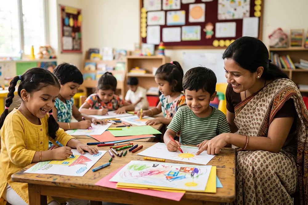 Children creating artwork during a preschool activity