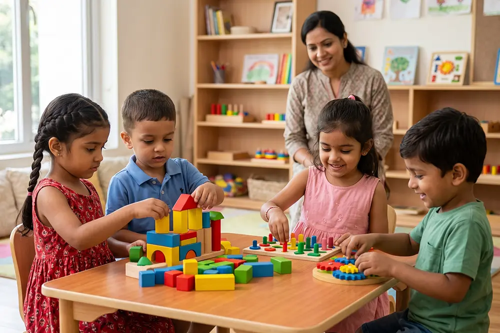 Young children exploring building blocks